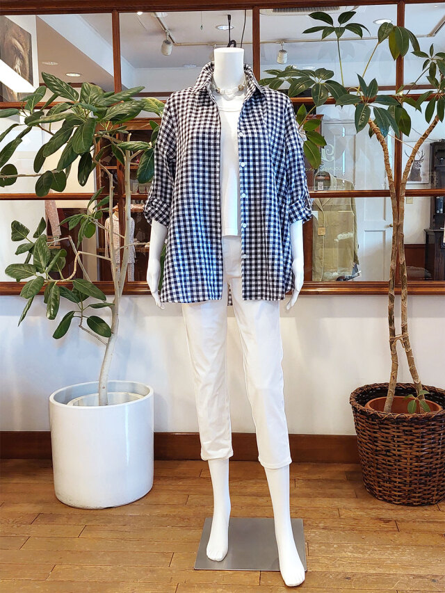 【Ladies】綿レーヨンシャーリングワッシャー　格子柄　トップス