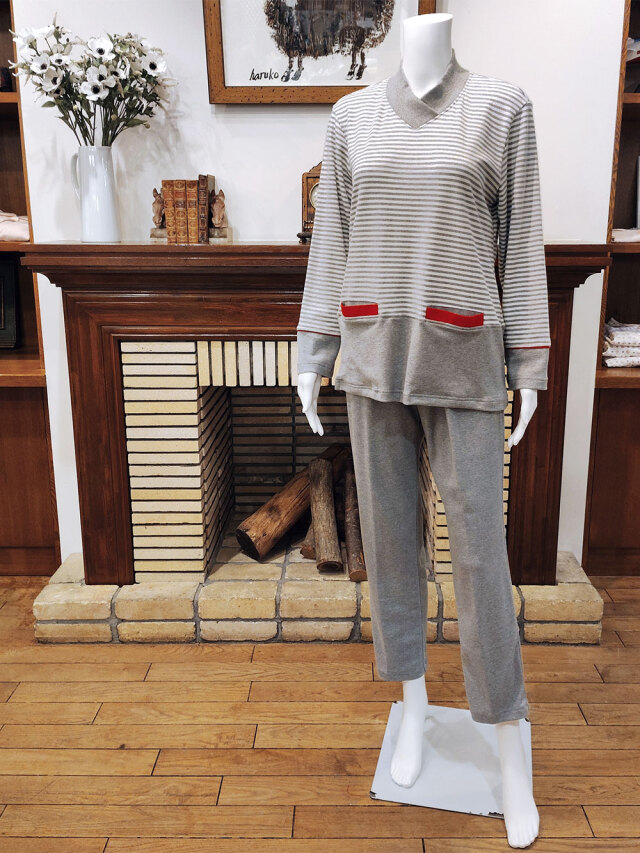 【Ladies】スムースボーダー×無地 (Vネック)