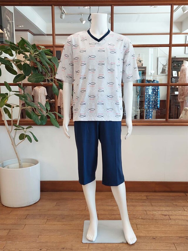 【Mens】天竺フィッシュ柄×無地（五分袖、七分パンツ)　Mのみ