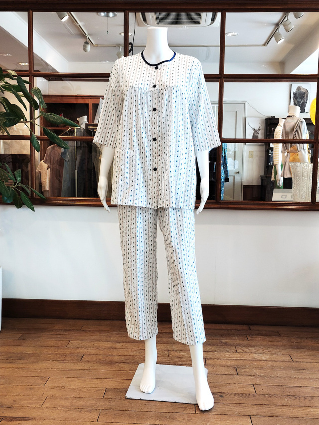 【Ladies】＜高島ちぢみ＞楊柳花ストライプ柄(七分袖）(S〜L)