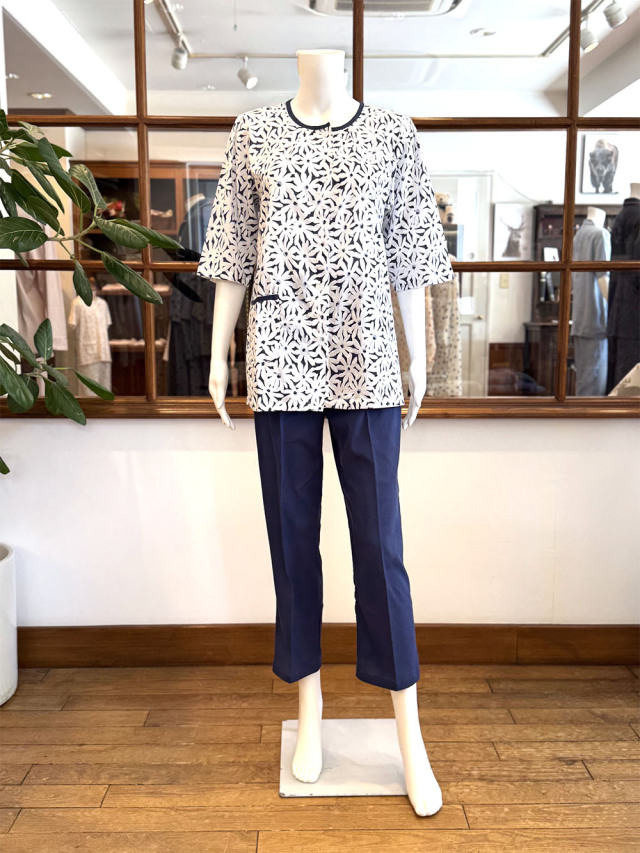 【Ladies】＜高島ちぢみ＞楊柳マーガレット柄×無地(七分袖）