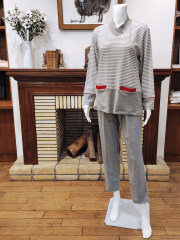 【Ladies】スムースボーダー×無地 (Vネック)