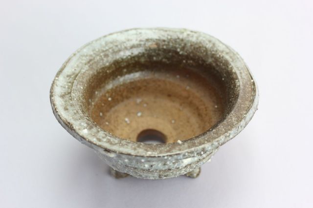 白釉手捻り大深,4号,信楽焼,植木鉢,盆栽鉢