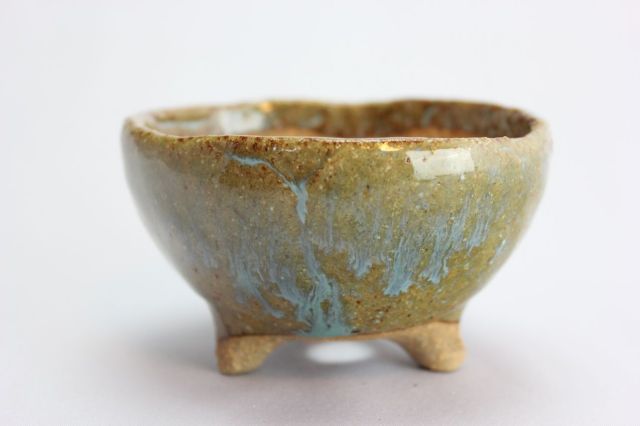 万作緑薄青丸,3号,信楽焼,植木鉢,盆栽鉢