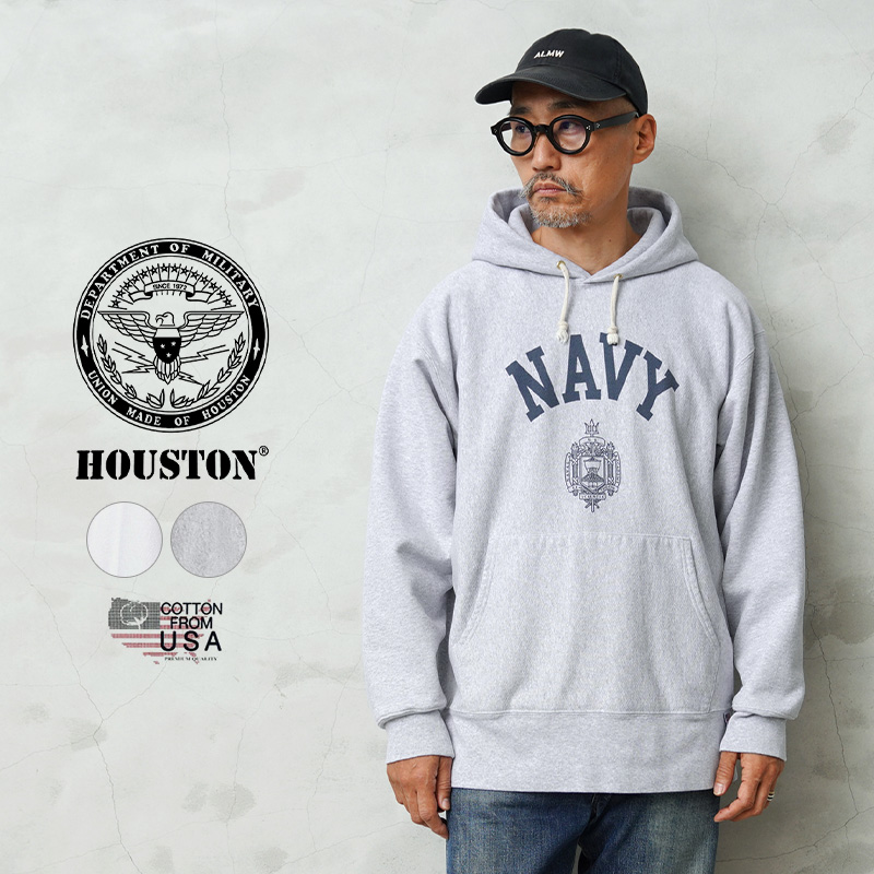 ☆大幅割引中☆HOUSTON ヒューストン 22312 U.S.コットン NAVY プリント フーディー スウェットシャツ【T】