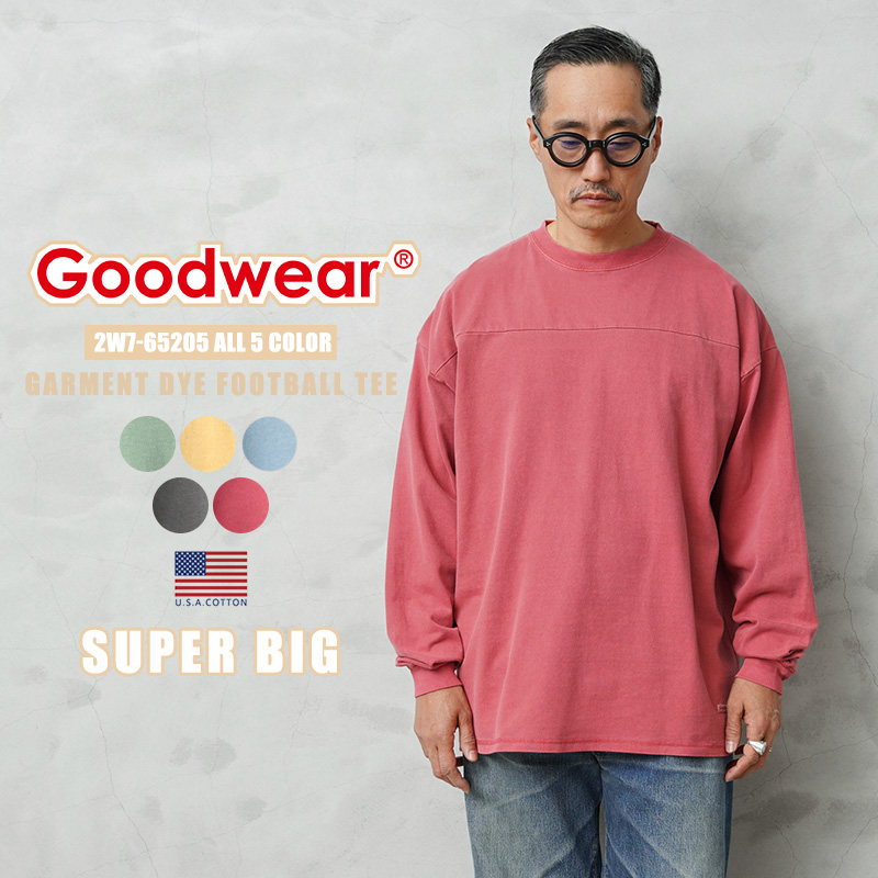 ★カートで割引対象品★【即日出荷対応】Goodwear グッドウェア 2W7-65205 USAコットン ガーメントダイ L/S FOOTBALL Tシャツ SUPER BIG【T】
