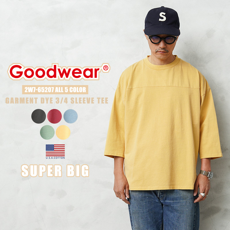 ★カートで割引対象品★【即日出荷対応】Goodwear グッドウェア 2W7-65207 USAコットン ガーメントダイ 3／4 FOOTBALL Tシャツ SUPER BIG【T】