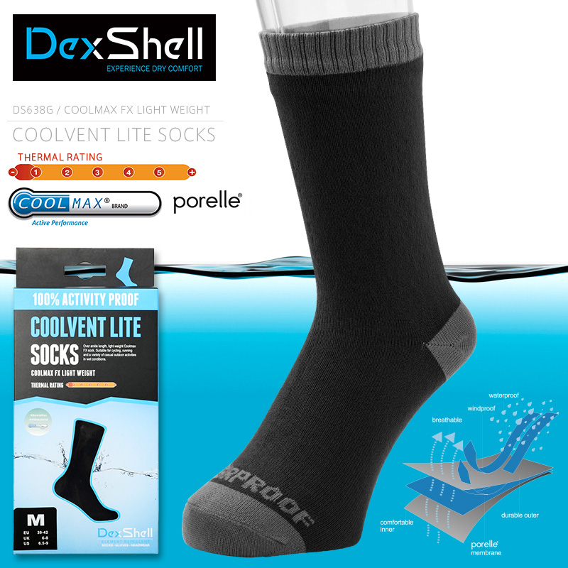 ☆大幅割引中☆DexShell デックスシェル DS638G ウォータープルーフ・ブリーザブル COOLVENT LITE ミッドカーフソックス（COOLMAX FX）【T】