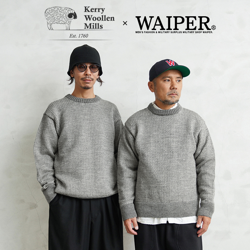 WAIPER×KERRY WOOLLEN MILLS ケリーウーレンミルズ KW-0049W バーズアイ クルーネック セーター RELAX STEEL/SMOKE MADE IN IRELAND【Sx】【T】