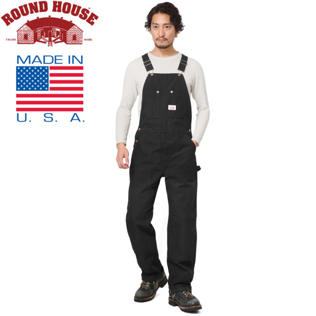 ★カートで割引対象品★Round House ラウンドハウス 17RH383 米国製 HEAVY DUTY DUCK BIB オーバーオール BLACK【T】
