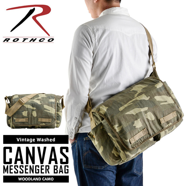 ★カートで割引対象品★ROTHCO ロスコ ヴィンテージウォッシュド キャンバスメッセンジャーバッグ WOODLAND CAMO【9748】【T】