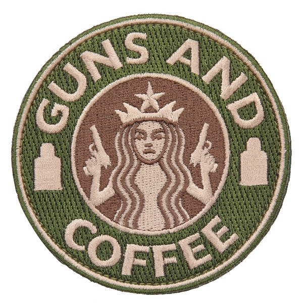 ★カートで割引対象品★【ネコポス便対応】GUNS AND COFFEE ワッペン (パッチ）ベルクロ付き GREEN&TAN Largeサイズ【T】