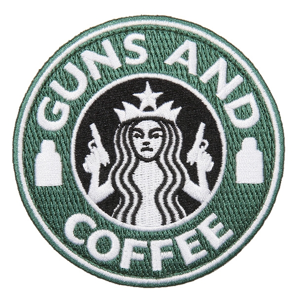★カートで割引対象品★【ネコポス便対応】GUNS AND COFFEE ワッペン (パッチ）ベルクロ付き GREEN&WHITE Largeサイズ【T】