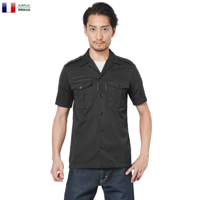 実物 新品 フランス軍 HBT チャド 半袖シャツ 後染めブラック チャドシャツ ミリタリーファッション 軍服【キャンペーン対象外】【T】