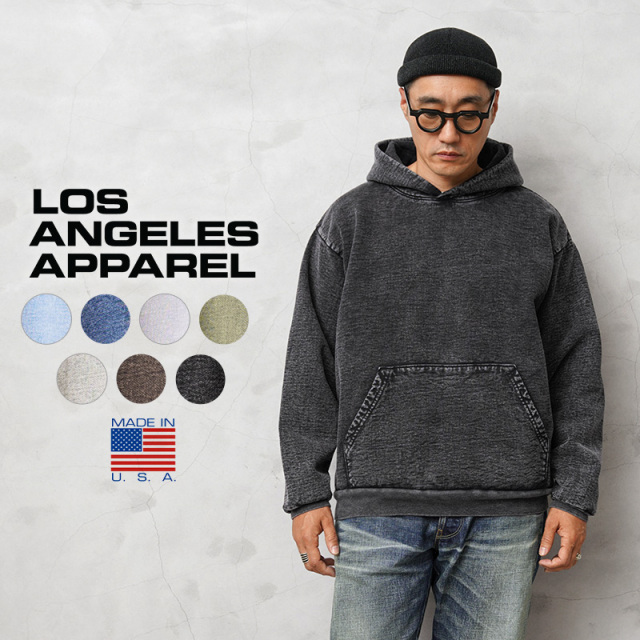 ★カートで割引対象品★LOS ANGELES APPAREL HF09MW 14oz ミネラルウォッシュ ヘビーフリース プルオーバー フーディ スウェットパーカー MADE IN USA【T】
