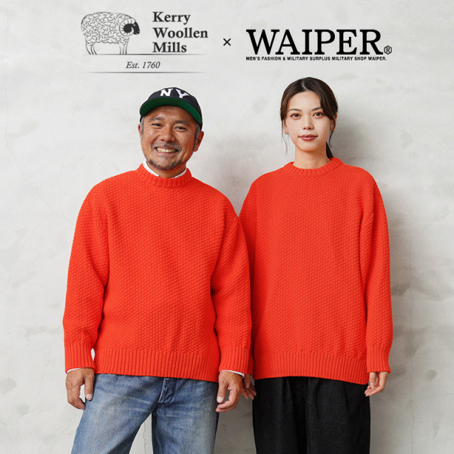 ★カートで割引対象品★【即日出荷対応】WAIPER×KERRY WOOLLEN MILLS ケリーウーレンミルズ KW-0040 モスステッチ クルーネック セーター RELAX LAVA ORANGE MADE IN IRELAND【Sx】【T】