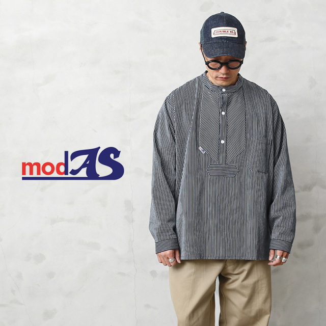 ★大幅割引中★【即日出荷対応】modAS モダス 8009 フィッシャーマンシャツ ポケット付き【T】 ストライプ プルオーバーシャツ