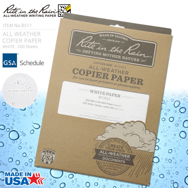 ★カートで割引対象品★【即日出荷対応】Rite In the Rain ライトインザレイン 米軍使用 ALL WEATHER COPIER PAPER 防水コピー用紙 WHITE 200 Sheets（8511）【T】