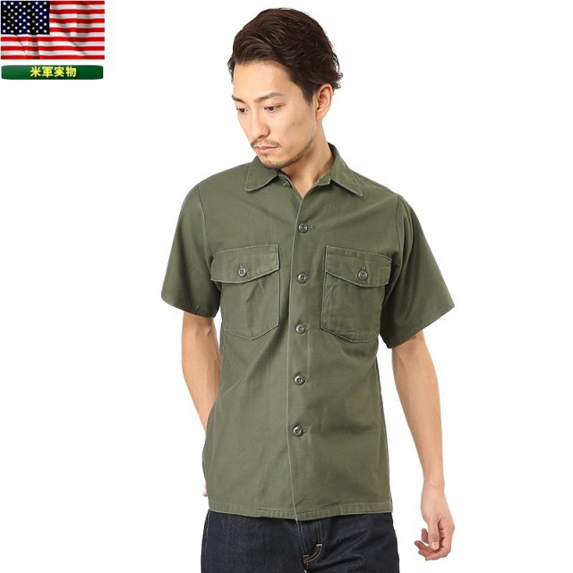 実物 米軍コットンサテンユーティリティーシャツ 半袖 USED 米軍放出品ミリタリーファッション 軍服【キャンペーン対象外】【T】