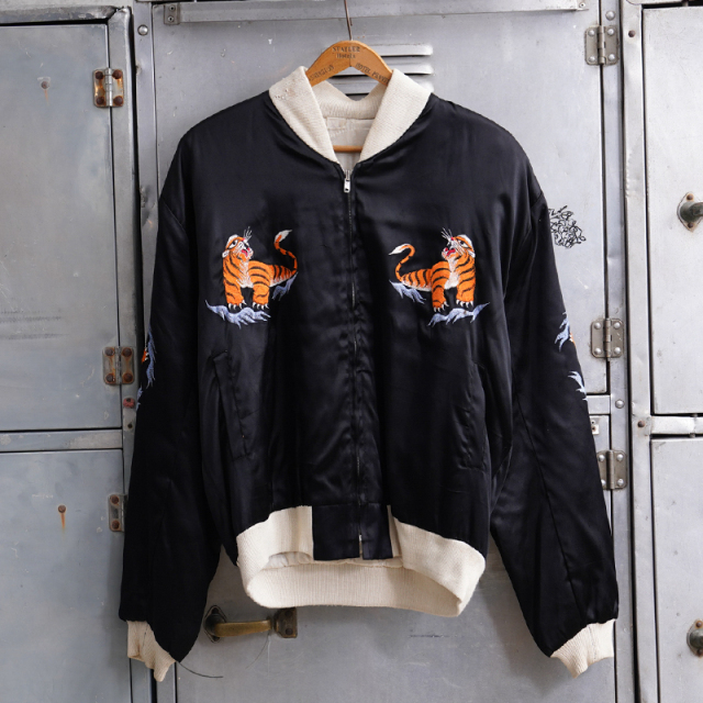 1960s KOREA ALL TIGER スーベニアジャケット 黒サテン 両袖タイガー刺繍 XL ビッグサイズ【T】【キャンペーン対象外】