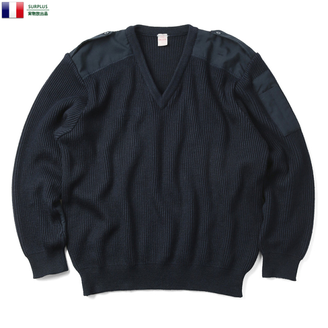 ☆今だけ15%OFF☆実物 USED フランス軍 AIR FORCE Vネック コマンドセーター ネイビー ミリタリーファッション 軍放出品 軍服【キャンペーン対象外】【I】