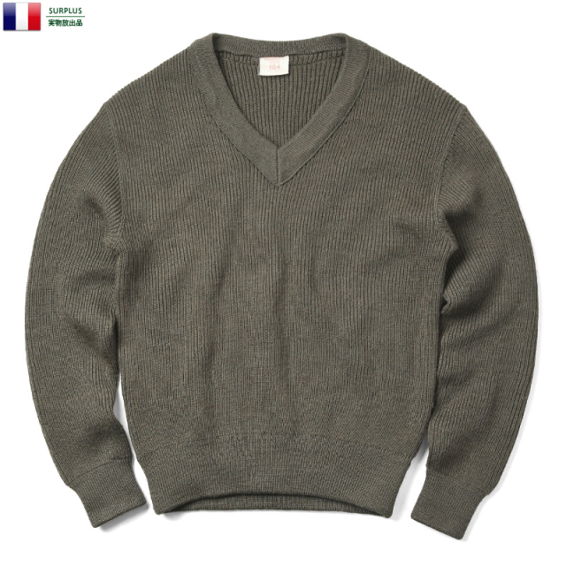 ☆今だけ15%OFF☆実物 USED フランス軍 クロロファイバーウール Vネックセーター オリーブ ミリタリーファッション 軍放出品 軍服【キャンペーン対象外】【I】