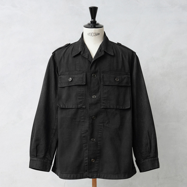 実物 USED オランダ軍 HBT（ヘリンボーンツイル）フィールド シャツ ジャケット ボタン袖 BLACK染め【キャンペーン対象外】【I】ミリタリー