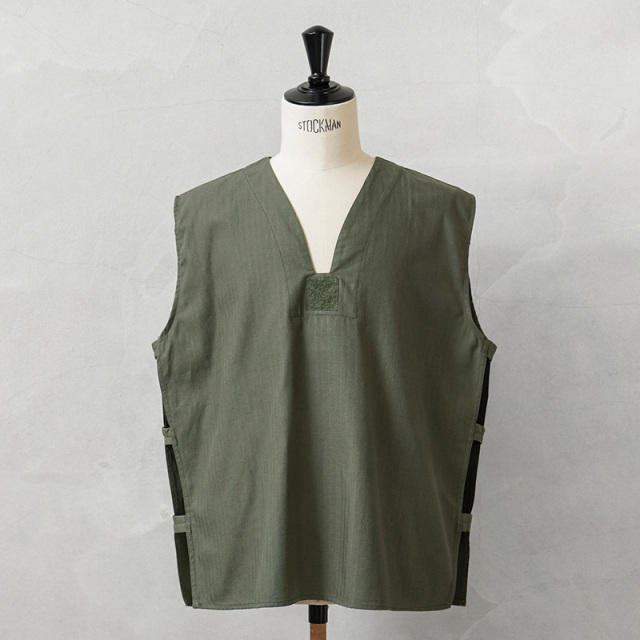 実物 新品 デッドストック フランス軍 HBT（ヘリンボーンツイル）GAO プルオーバー ベスト オリーブ【キャンペーン対象外】【I】ミリタリー