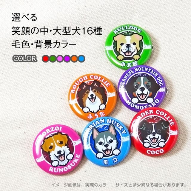 缶バッジ　笑い犬　中・大型犬