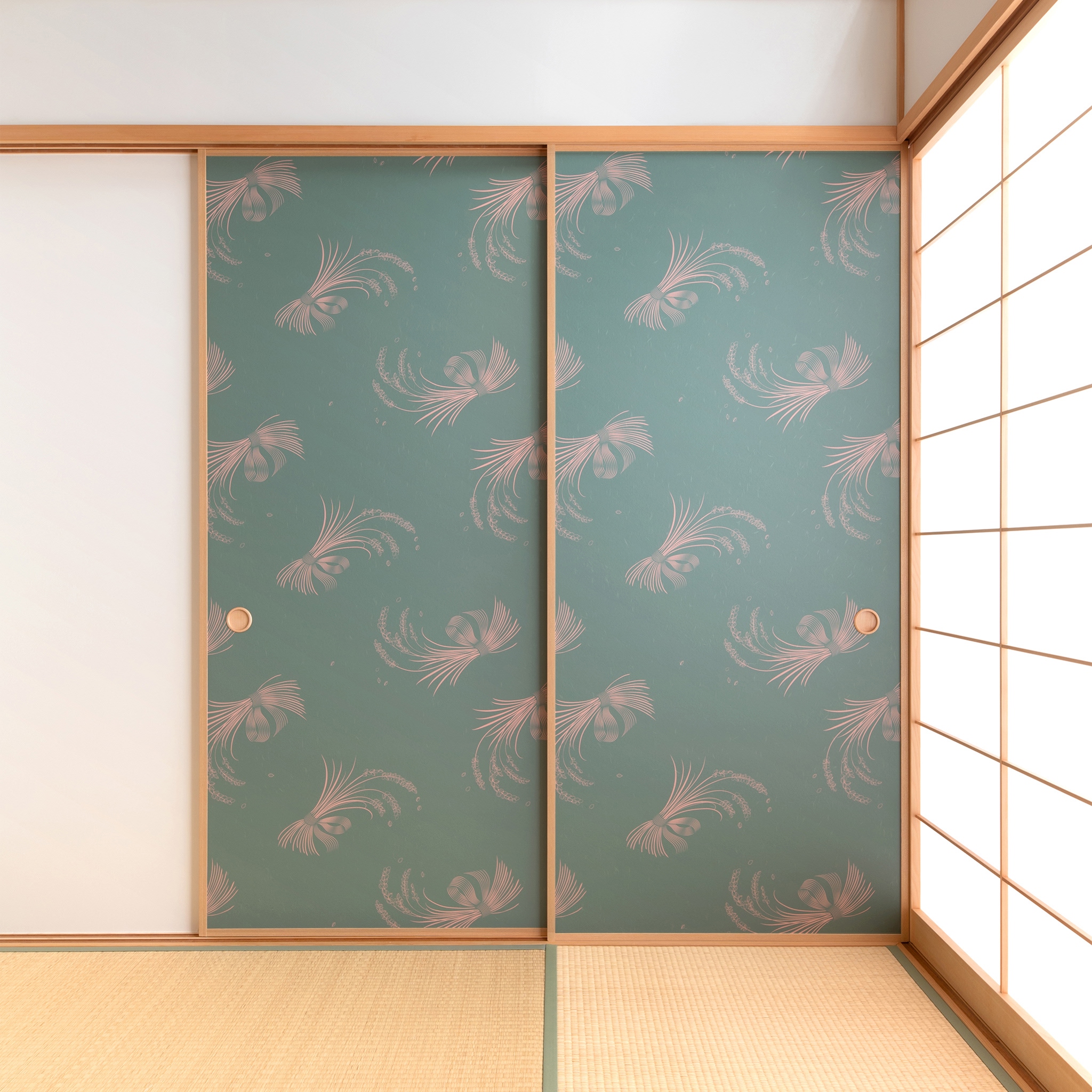 【送料無料】【本襖・和襖】waccara(ワッカラ）両面貼り（入口用）【稲穂そよぐ　inaho soyogu　緑】※仕上幅～920ｍｍ迄