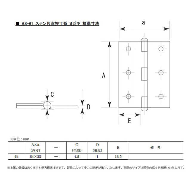 【BS-61】ステン片背押丁番 ミガキ 64mm寸法図