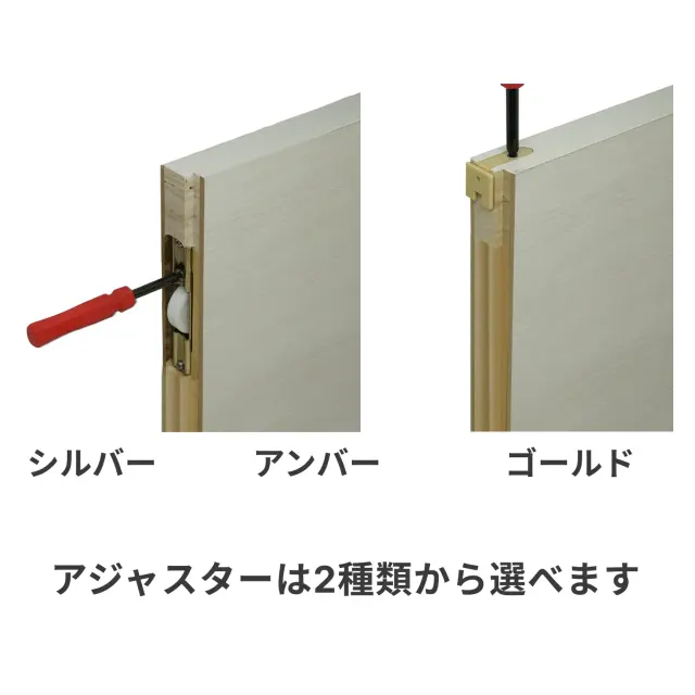 フラッシュドアの高さ調整ができるアジャスター2種類の説明