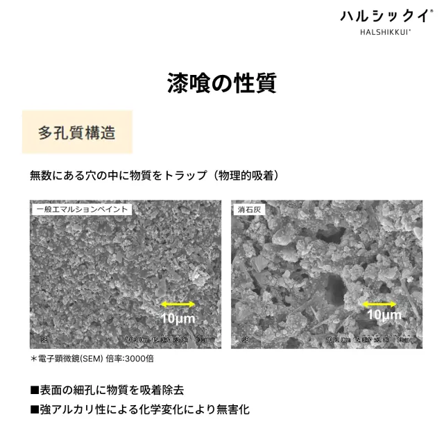 漆喰の性質｜多孔質構造により有害物質を吸着し強アルカリで無害化する仕組み