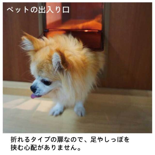 折れるタイプの扉なので、足やしっぽを挟む心配がありません。