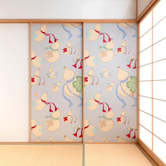 ふすまのような建具に刺繍が施しています。 本襖・和襖】waccara【ワッカラ】天袋付・片面貼り（押入用）【多福の