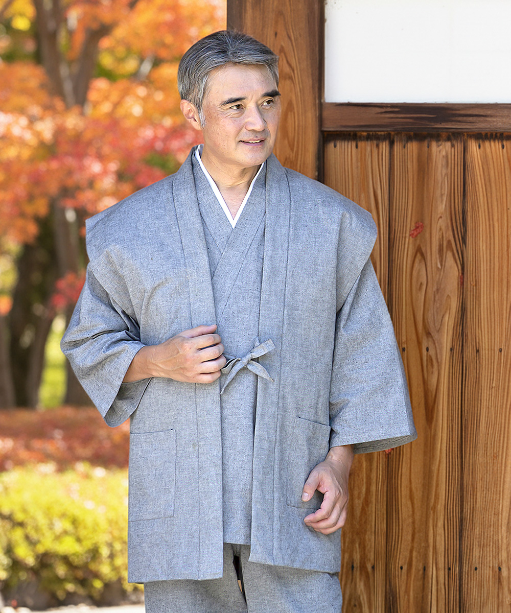 2043 手紡ぎ風・遠州織袖無し綿入袢天 No.2 グレー