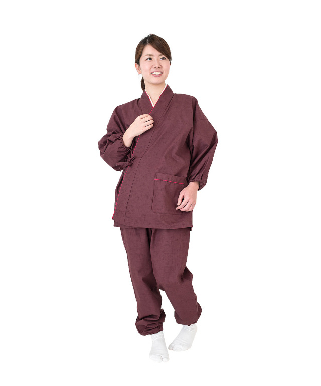 絣風女性無地作務衣