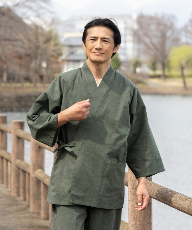 1051 たてスラブ作務衣 No.6 グリーン | 作務衣・甚平通販 和粋庵