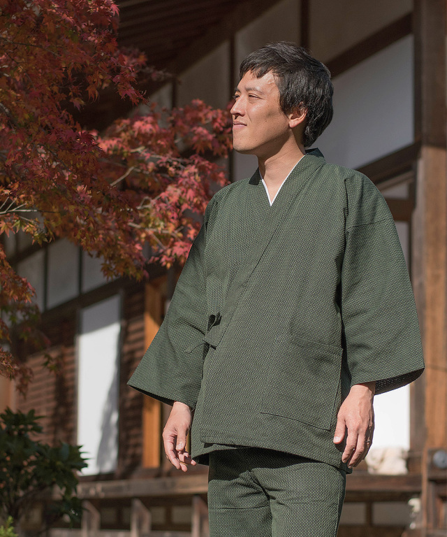 大柄ドビー作務衣（おおがらどびーさむえ） グリーン(緑） ＜綿・秋冬