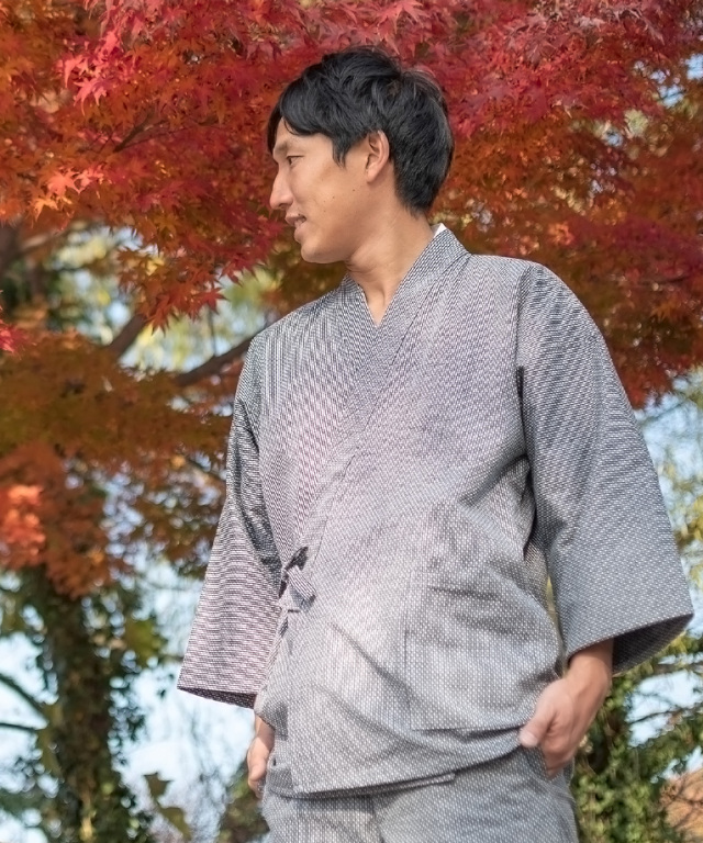 大柄ドビー作務衣 （おおがらどびーさむえ） グレー(ネズ） ＜綿