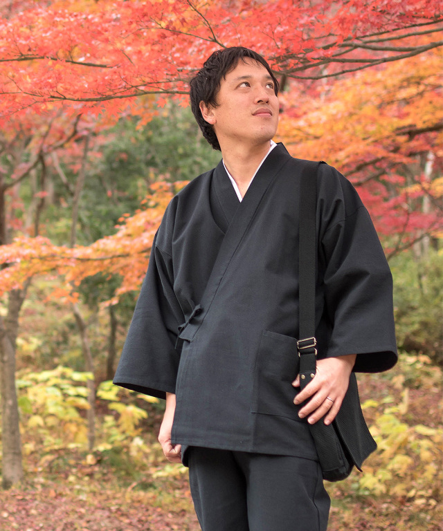 作務衣　手紡ぎ手織り生地　綿100% 先染め　オールハンドメイド作務衣 日本製】 夏の作務衣 清涼 近江ちぢみ 本麻 京仕立 作務