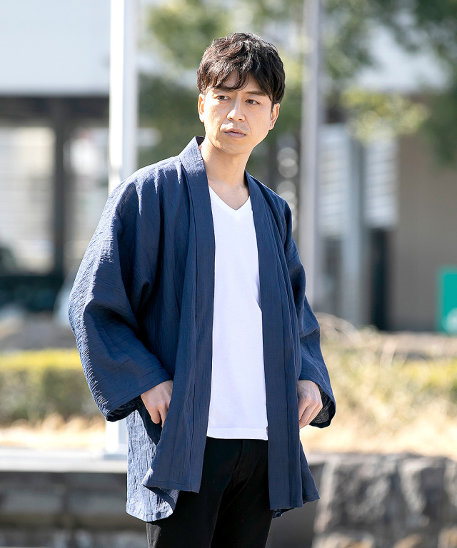 近江縮　チェック　本麻 近江ちぢみ本麻ジャケット No.1 濃紺 ｜ 作務衣・甚平通販 和粋庵