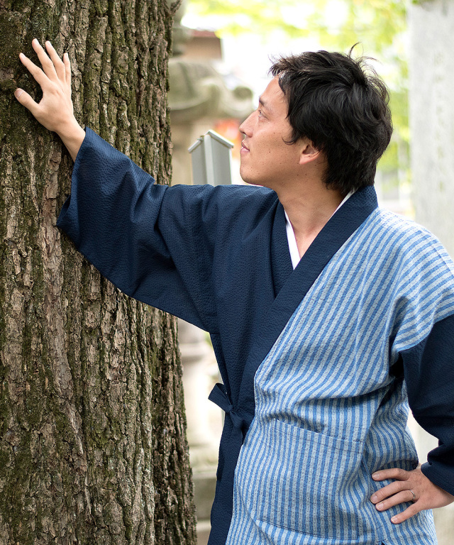 綿しじらデザイン作務衣 【涼】 2番 紺×ブルー（M,L,LL) | 作務衣