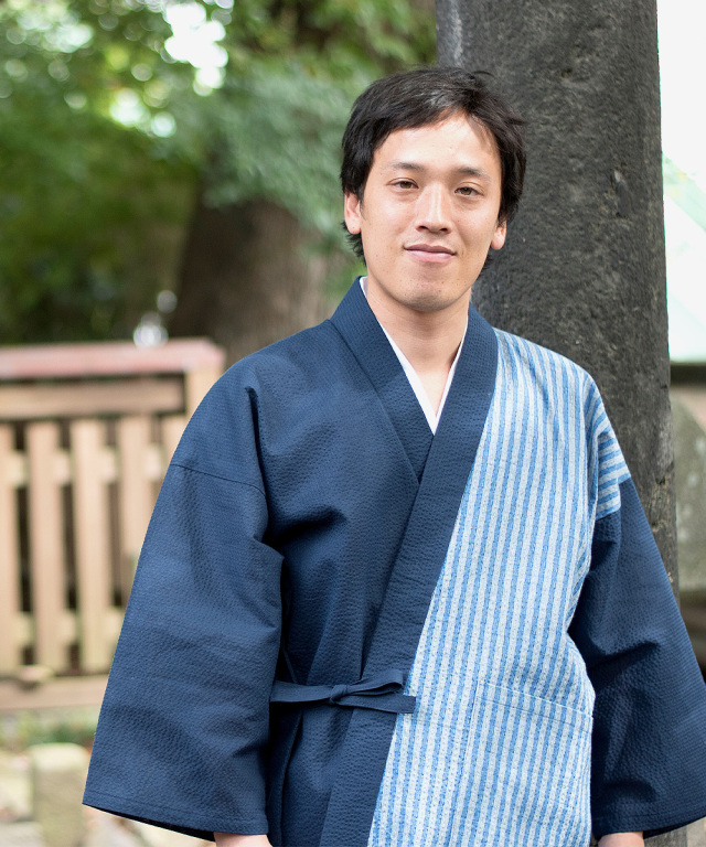 綿しじらデザイン作務衣 【涼】 2番 紺×ブルー（M,L,LL) | 作務衣