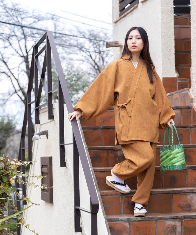 女性用麻ライク作務衣［聖］ No.2 オレンジ ｜ 作務衣・甚平通販 和粋庵