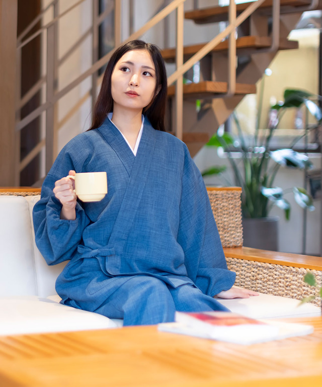 女性用麻ライク作務衣［聖］ No.3 明紺 ｜ 作務衣・甚平通販 和粋庵
