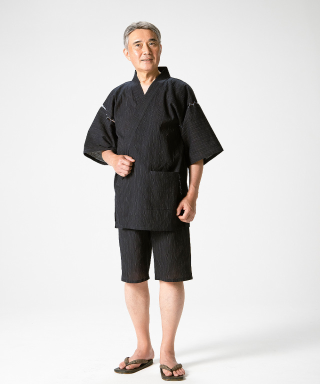 ひめか】甚平 メンズ じんべい つむぎ黒縞1380-11 L : 作務衣と