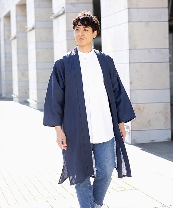 近江ちぢみ本麻ロング羽織 No.1 濃紺 ｜ 作務衣・甚平通販 和粋庵