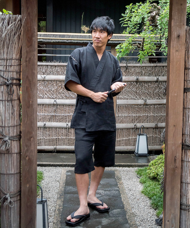 近江ちぢみ本麻甚平 No.4 黒 | 作務衣・甚平通販 和粋庵