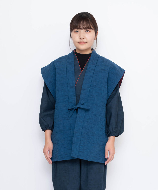 女性紬織袖無し綿入袢天